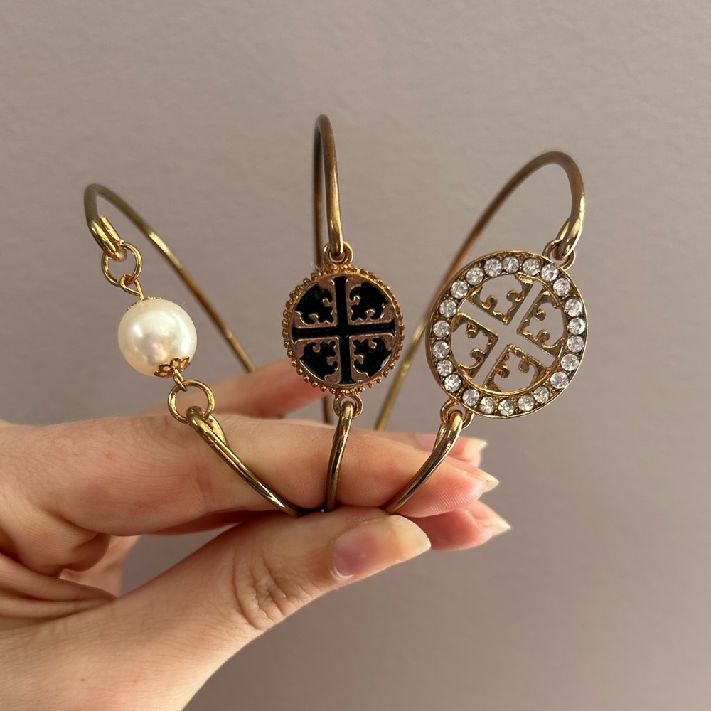 Set of 3 Gold and Black Bangles with Pearl and Crystal Accents